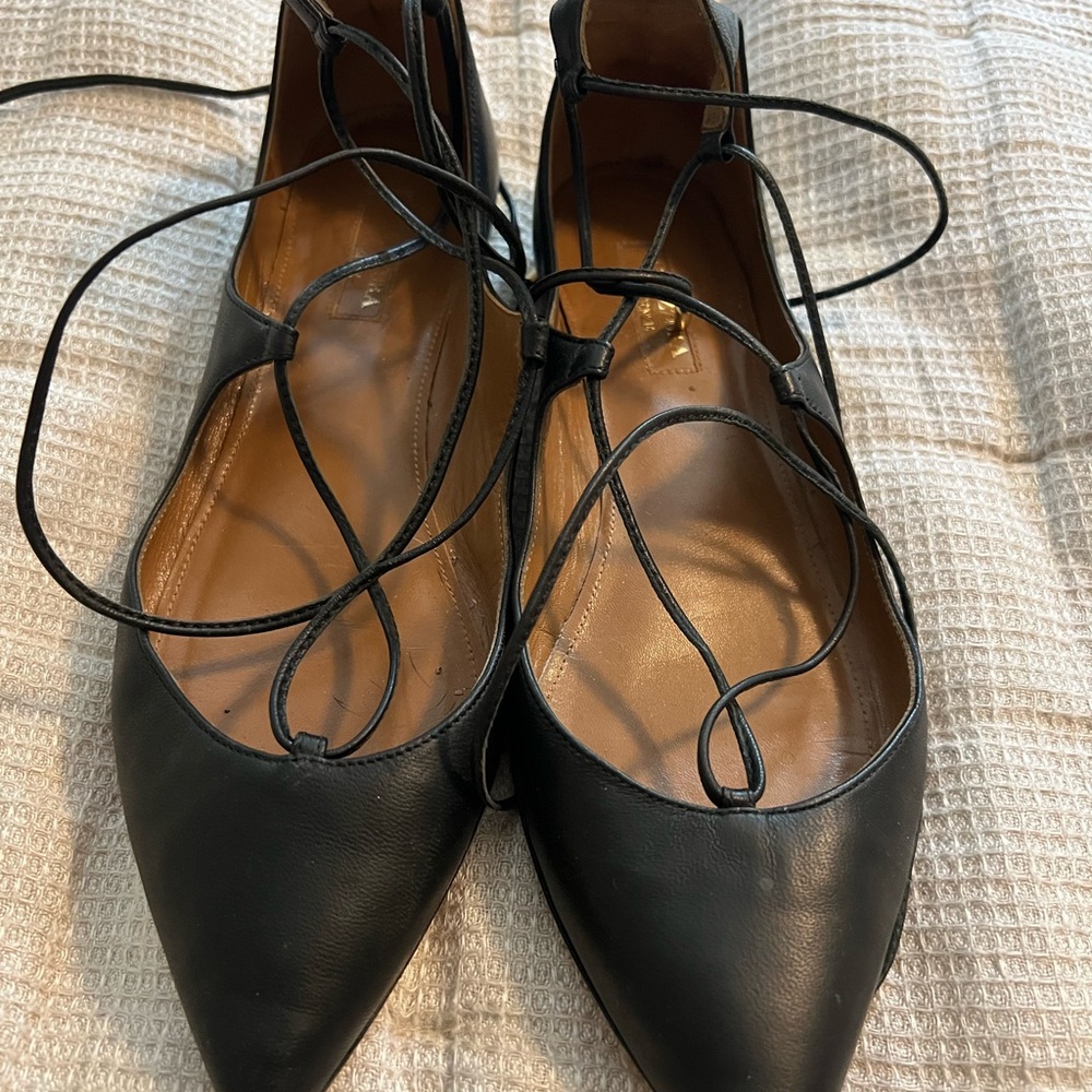Aquazzura Black Leather Lace-Up Flats
